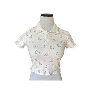 Womens Cat Print Crop Polo Shirt Size M White Kawaii Preppy Softcore Novelty Y2K